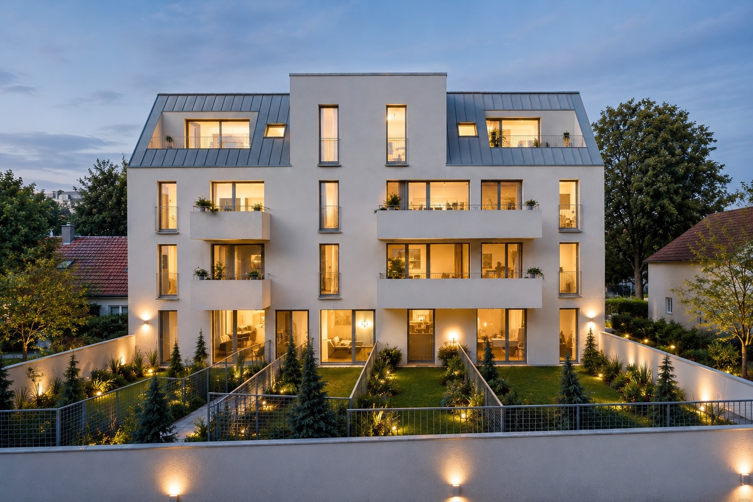 Stadtvilla Oberlaa &ndash; Ostansicht bei Nacht, Gartenseite